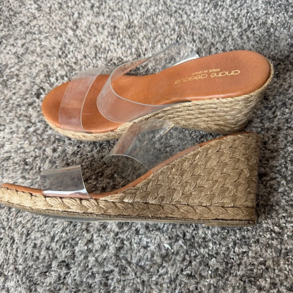 Andre Assous Clear Strap Espadrille Wedge Sandals Tan Leather Made in Spain 38